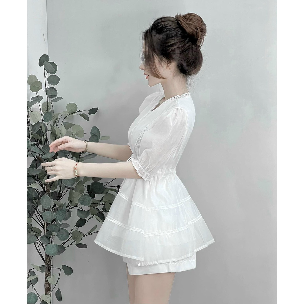 Set bộ đồ nữ áo tầng phối ren mix quần ống rộng đơn giản, nhẹ nhàng dành cho các thiếu nữ đi chơi, dự tiệc