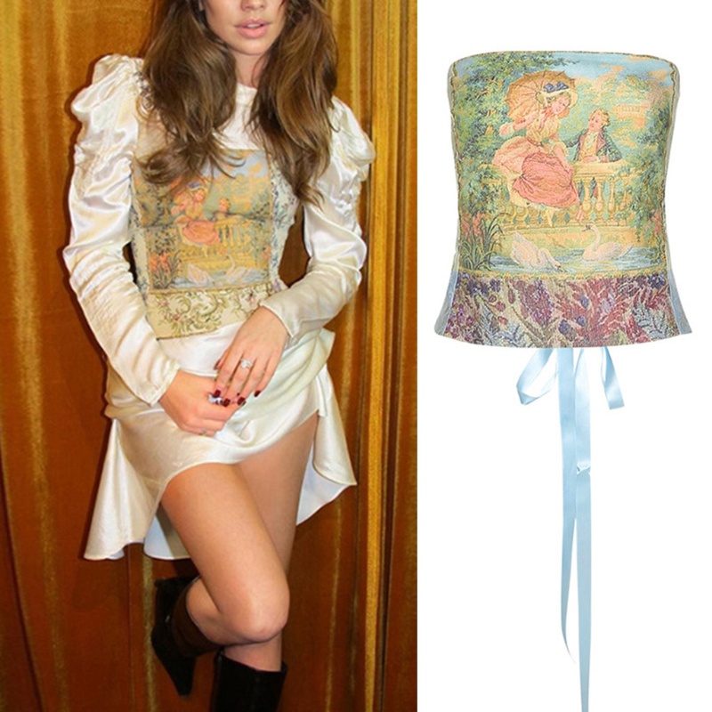 Áo croptop không dây có dây cột phong cách retro gợi cảm dành cho nữ