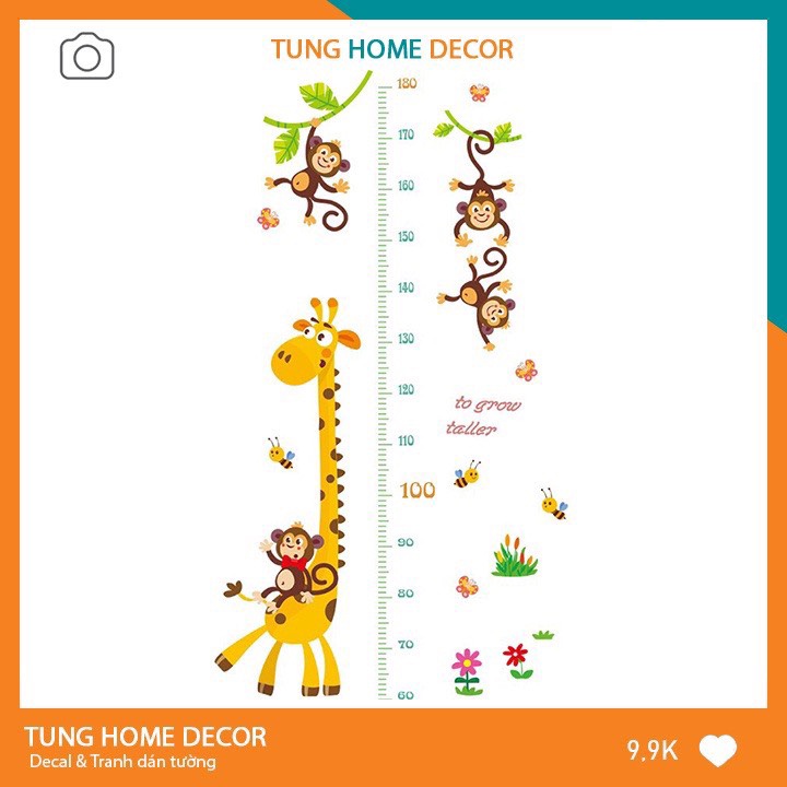 Decal dán tường cho bé học TUNG DECOR SK9292 Thước Đo Chiều Cao Khỉ Cưỡi Hươu