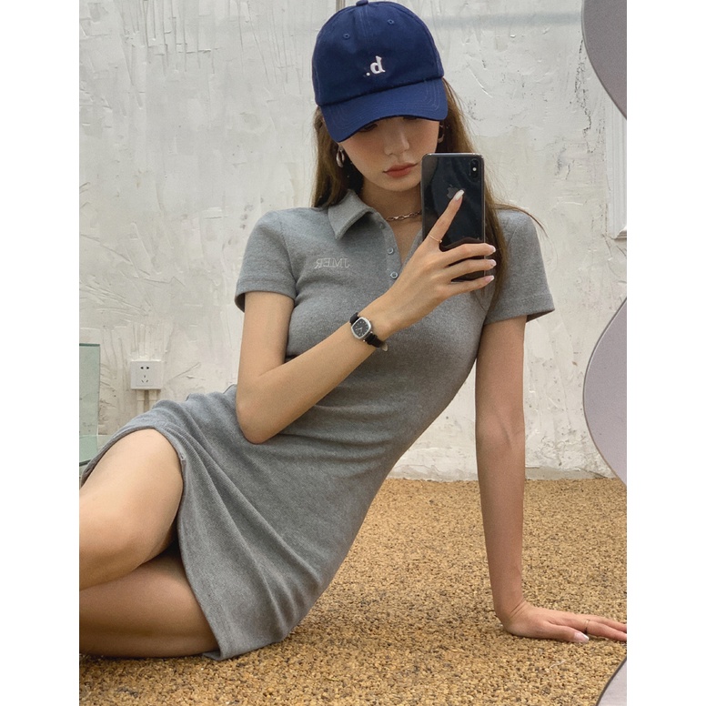 Đầm Tay Ngắn Cổ Polo Màu Trơn Xẻ Tà Phối Nút Thời Trang Cho Nữ