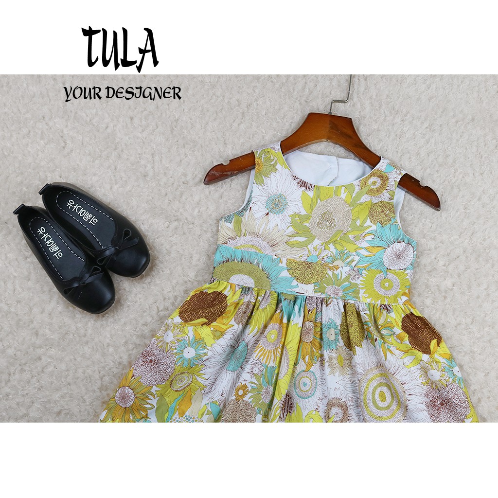 Váy Đầm Cho Bé Gái Họa Tiết Hoa Hoa Hướng Dương Vàng Khoét Lưng Cúc Sau Cực Xinh Vải Thô Hàn Quốc
