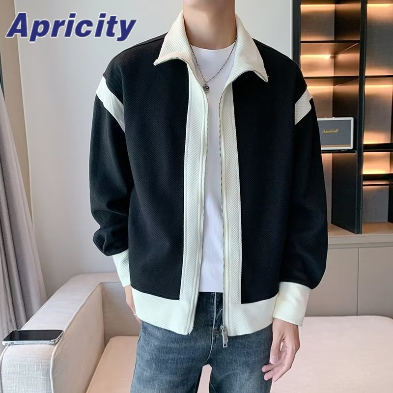 Aprilicity Áo Khoác Dệt Kim Dáng Rộng Khóa Kéo Đôi Màu Sắc Phong Cách Hong Kong Thời Trang Mùa Thu Cho Nam