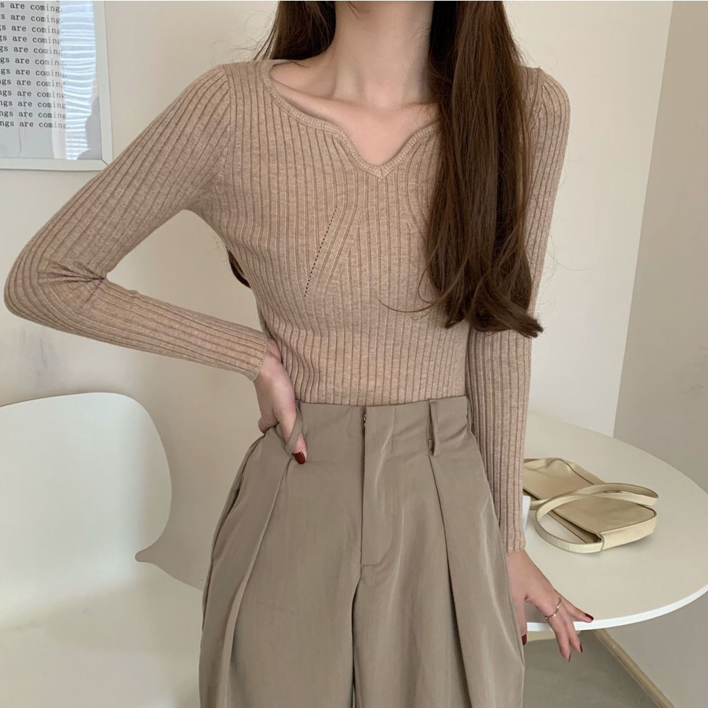 Áo Len Nữ Dài Tay Cổ Chữ v Thiết Kế Mới Thời Trang Mùa Thu Đông Theo Phong Cách Hàn Quốc