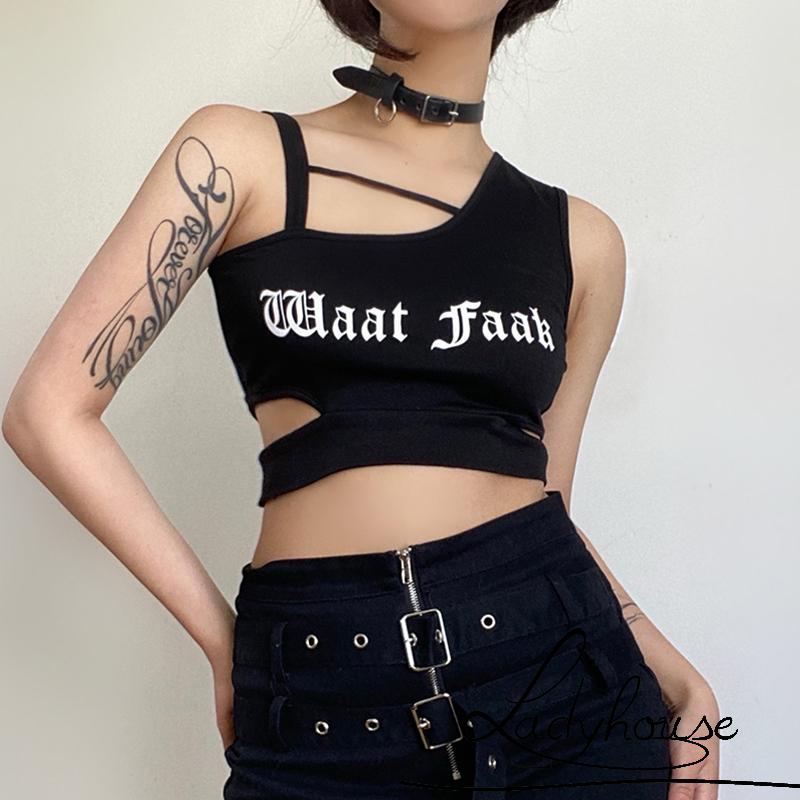 Áo Croptop Khoét Vai Màu Đen In Chữ Phong Cách Punk Cá Tính Cho Nữ