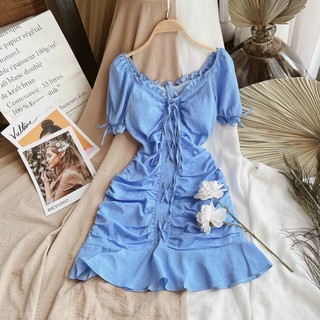 💙 đầm xanh chấm bi nhún thân thắt nơ ngực chân bèo