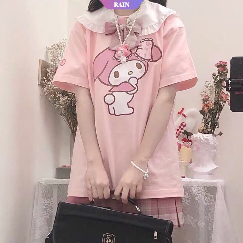 SANRIO Áo Thun Cotton Trơn Tay Ngắn Cổ Búp Bê Hoạt Hình My Melody Ngọt Ngào Mới Mùa Hè Cho Nữ [Mưa]