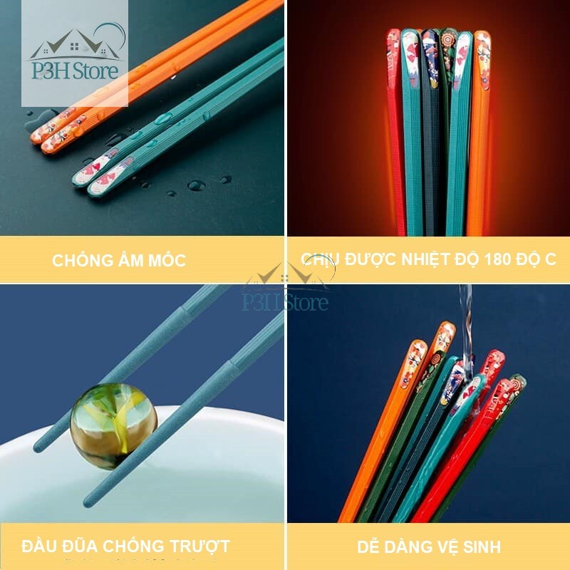 Set 5 đôi đũa chống mốc chống trơn 5 màu họa tiết phong cách Nhật Bản MD002