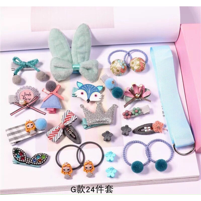 SET QUÀ TẶNG BÉ GÁI 24 món cột tóc kẹp tóc dễ thương nhiều màu KÈM HỘP QUÀ