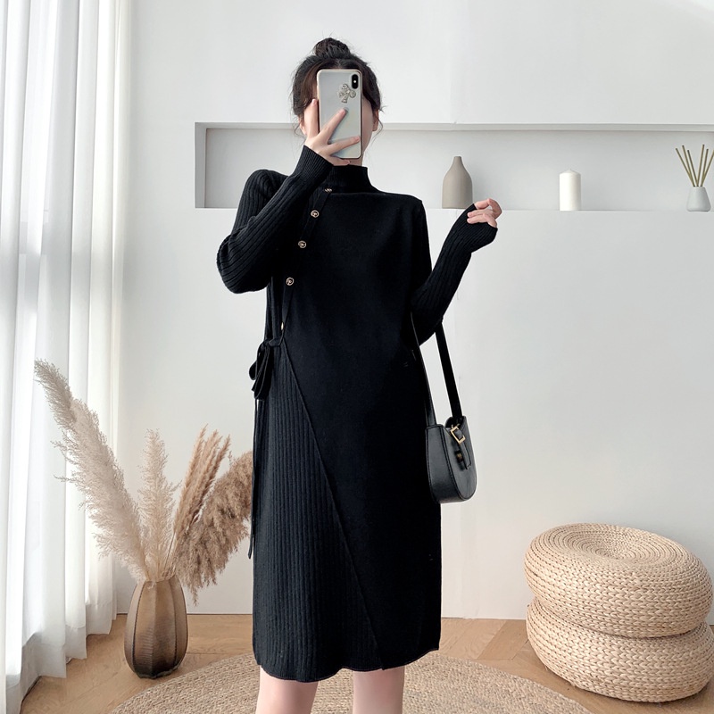 Váy Bầu Thu Đông, Đông Xuân Dáng, Váy Bầu Suông Dài, Freesize Dài Cổ Cao Chất Len Tăm Mềm Mại Ấm Áp (Từ 55-75kg) Áp