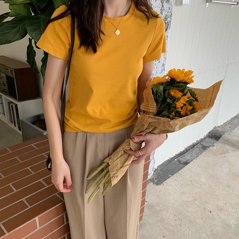 Thời Trang Áo Thun Tay Ngắn Màu Trơn Phong Cách Hàn Quốc