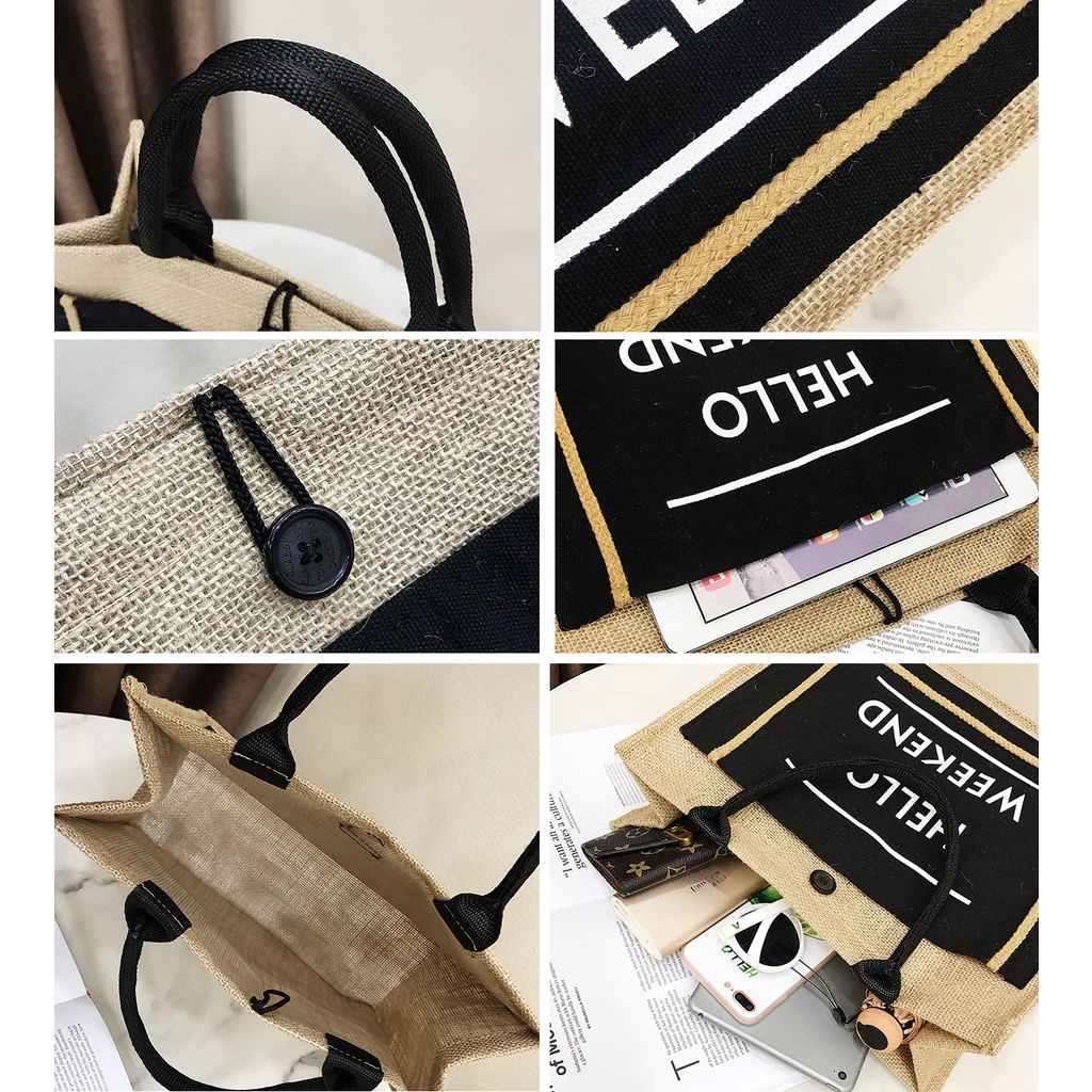 Túi cói vintage đi biển Merci - Hello Weekend xách tay nữ size lớn vải bố lanh cao cấp Hàn Quốc siêu hot 2021