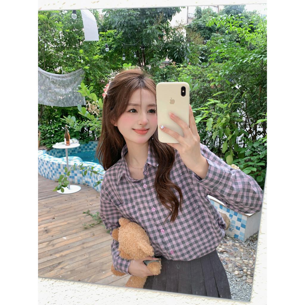 「 WELOVE1 」Áo Sơ Mi Nữ Tay Dài Dáng Rộng Họa Tiết Caro Màu Tím Phong Cách Hàn Quốc Thời Trang Mùa Hè
