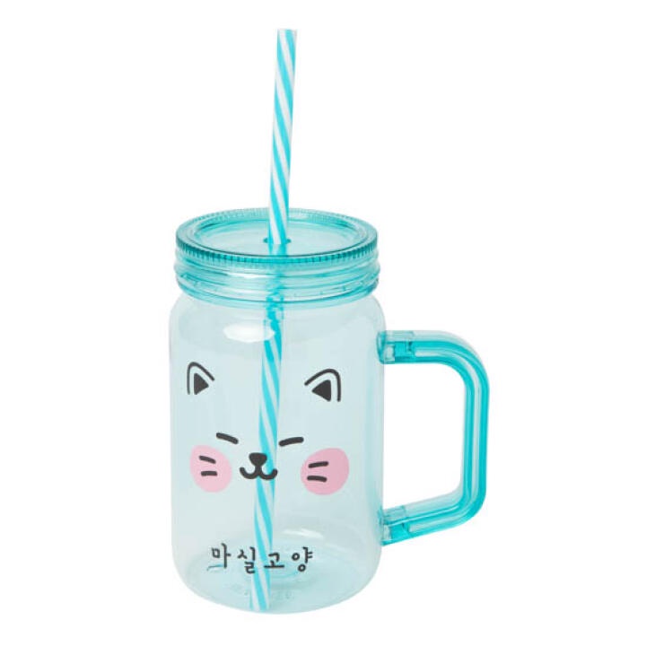 Cốc Nước ARTBOX Hàn Quốc In Họa Tiết Mèo Mason Jar Có Ống Hút