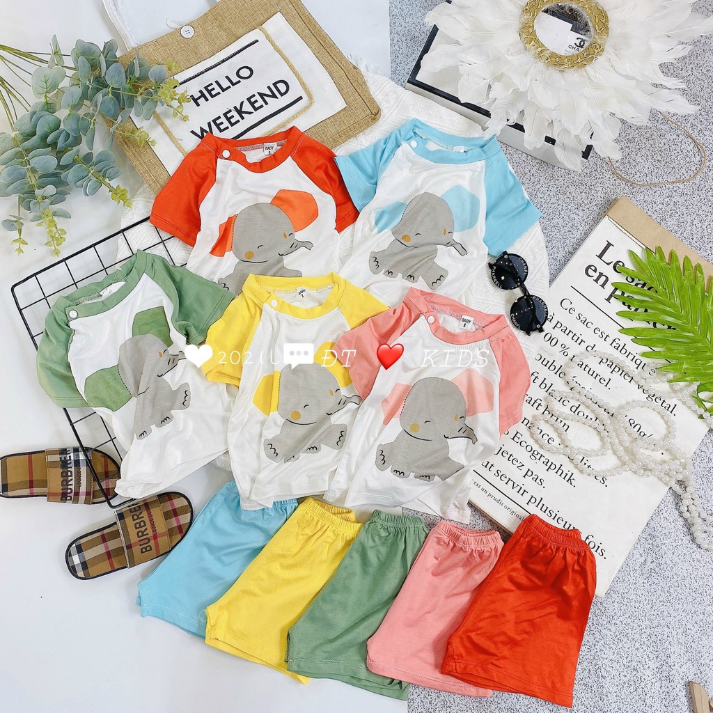 Bộ thun lạnh cộc tay Minkymom cho bé loại đẹp - bộ đồ cho bé họa tiết con voi chất thun lạnh thoáng mát cho bé 8 - 18kg