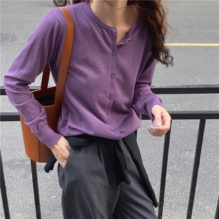 Áo khoác cardigan cổ tròn màu trơn tay dài kiểu đơn giản cho nữ 37869