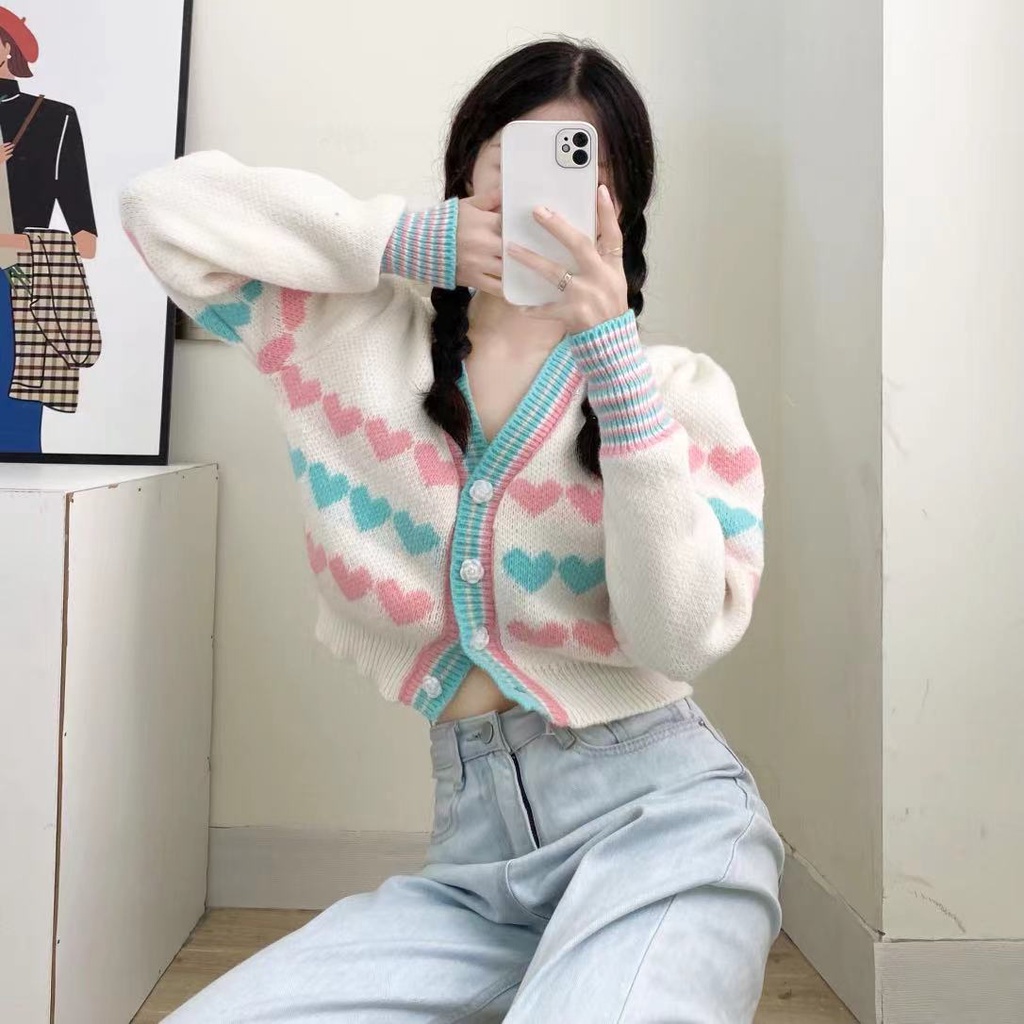 Áo cardigan dệt kim tay dài phong cách Hàn Quốc