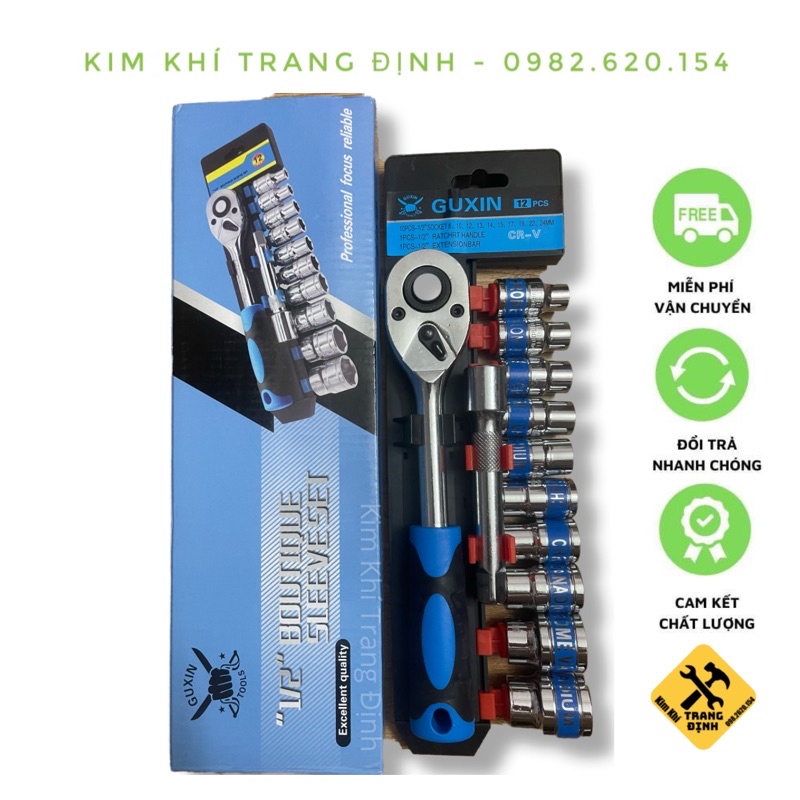 Bộ Tuýp 12 Chi Tiết Tay Tự Động 1/2&quot; Kèm Nối Khẩu GUXIN thép CRV siêu cứng