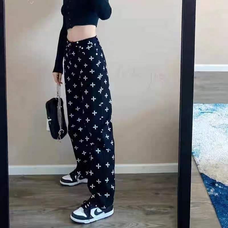 Jiashucheng Quần Jean Nữ Ống Rộng Lưng Cao Kiểu Mới