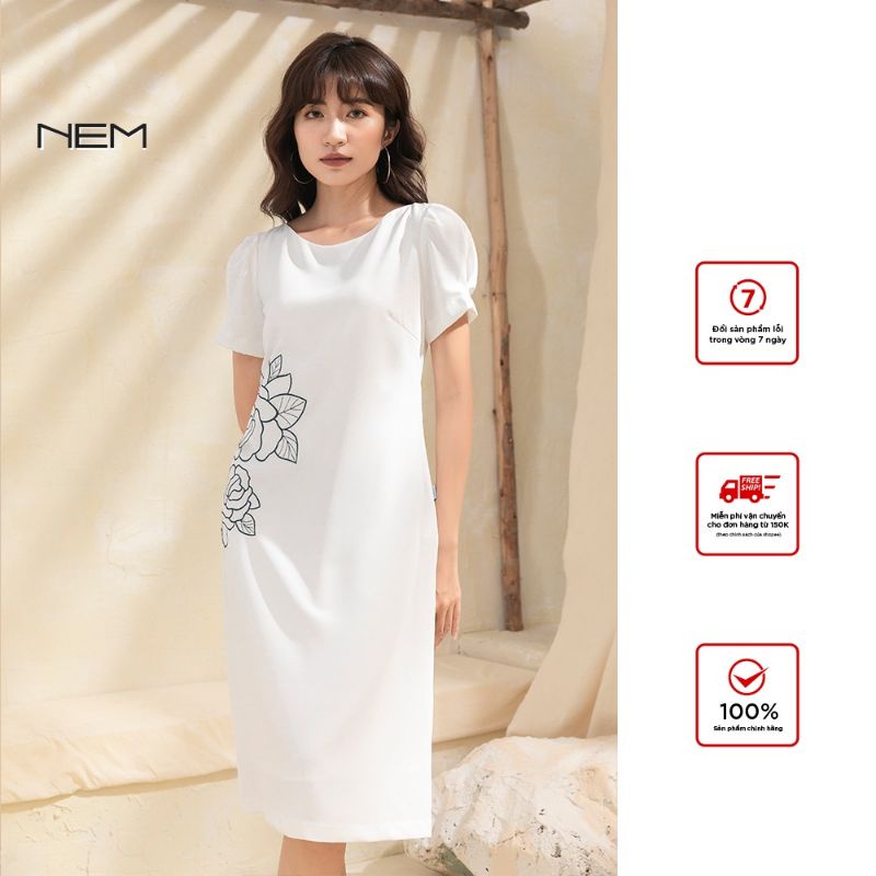 Đầm suông A trắng thêu hoa hãng NEM sale