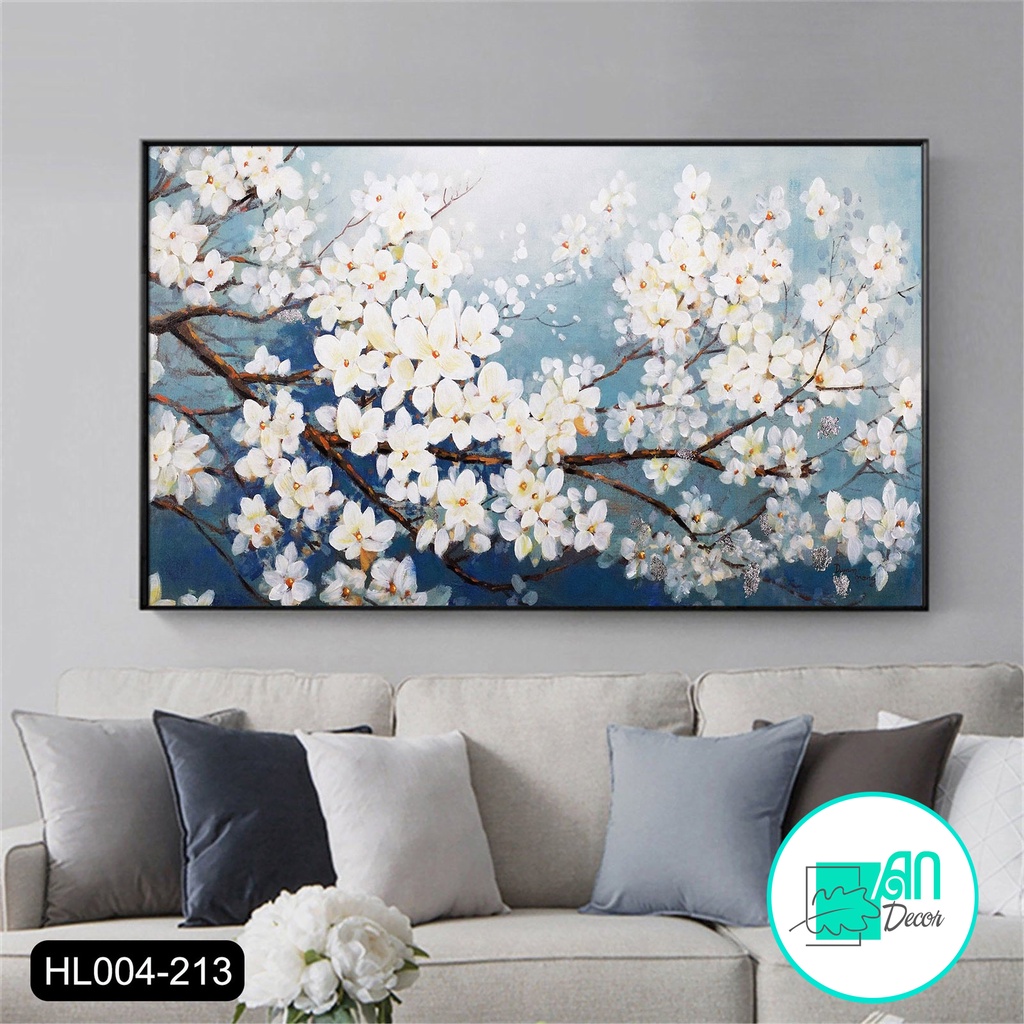 Tranh canvas treo tường hoa trắng nền xanh vintage trang nhã - 80 x 50 cm