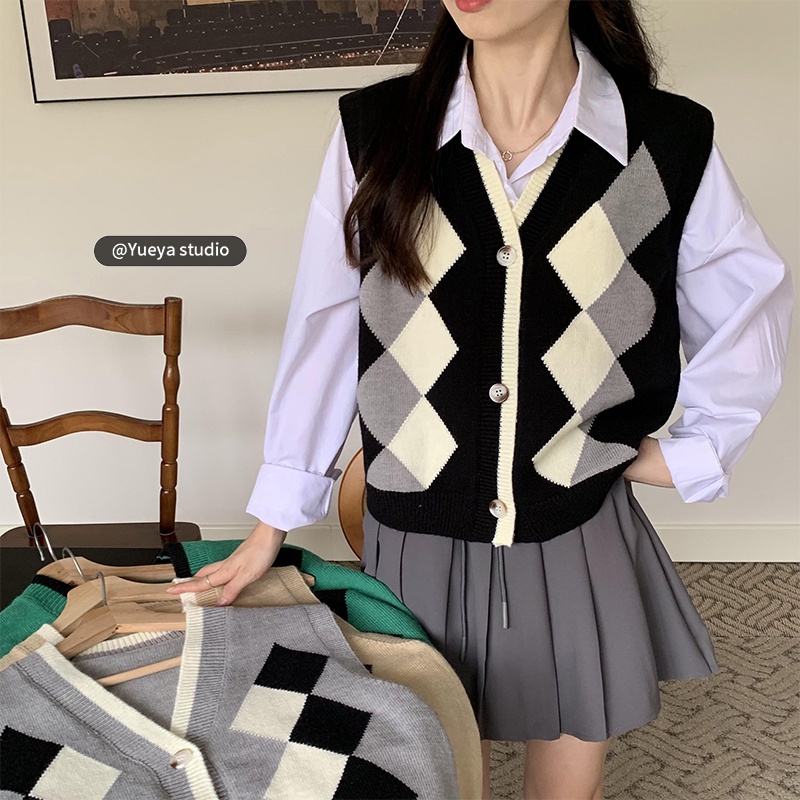 DUNEA Áo Khoác Cardigan Không Tay Cổ Chữ V Phong Cách Retro Hàn Quốc Với 3 Màu Tùy Chọn