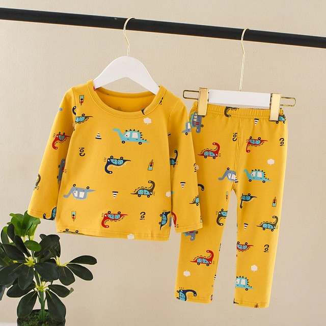 Bộ Đồ Ngủ Cotton Tay Dài In Họa Tiết Hoạt Hình + Quần Dài Cho Bé Trai / Gái