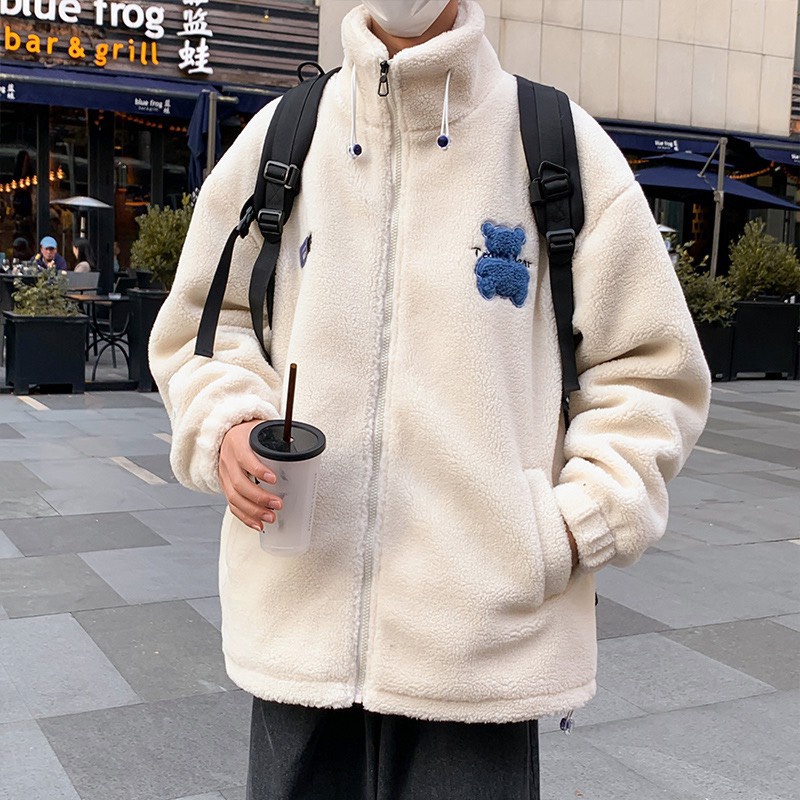 💃 Áo Khoác Lông Unisex Logo Ngực Thêu Gấu Cổ Cao Dáng Rộng Nam Nữ