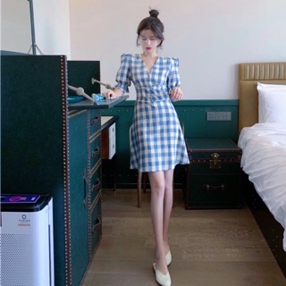Đầm caro xanh to nút bọc (kèm hình thật)