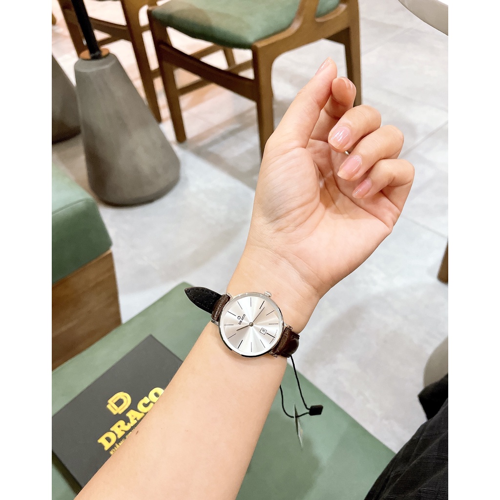 Đồng hồ nữ Draco D22-STN02 &quot;Classic Girl&quot; trắng kết hợp chất liệu dây da bò màu nâu - phụ kiện thời trang nữ nhẹ nhàng