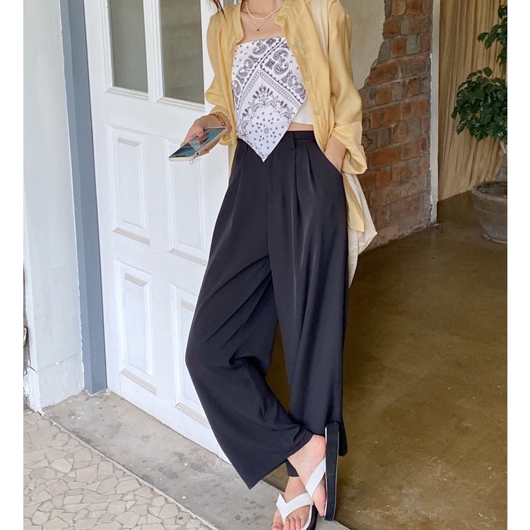 Quần Dài Ống Rộng Lưng Cao Phong Cách Hàn Quốc Thời Trang Cho Nữ