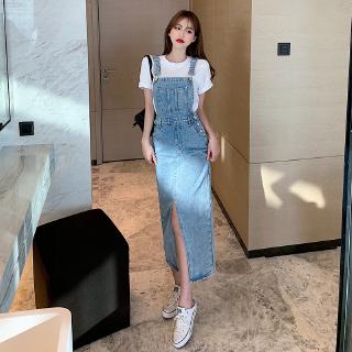 Z Đầm Yếm Denim Dài Qua Gối Xẻ Tà Phong Cách Hàn Quốc Thời Trang Cho Nữ