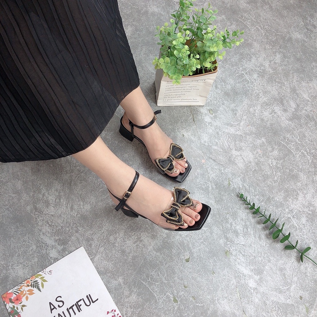 Giày Sandal Nữ- Giày Sandal Quai Ngang Phối Nơ Xinh Xắn Cao 5p