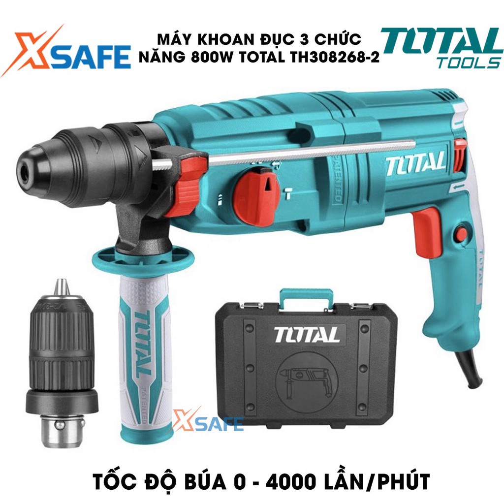 Máy khoan búa cầm tay TOTAL TH308268-2 800W 3 chức năng, đầu gài sds plus, tốc độ 1100rpm, tốc độ búa 4000bpm - xsafe