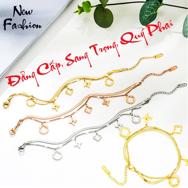 Lắc tay titan coa cấp kiểu 2 tầng dây mì+dập nhí rớt hoa 4 cánh cách điệu siêu đẹp, bền màu, hợp thời trang dễ phối đồ