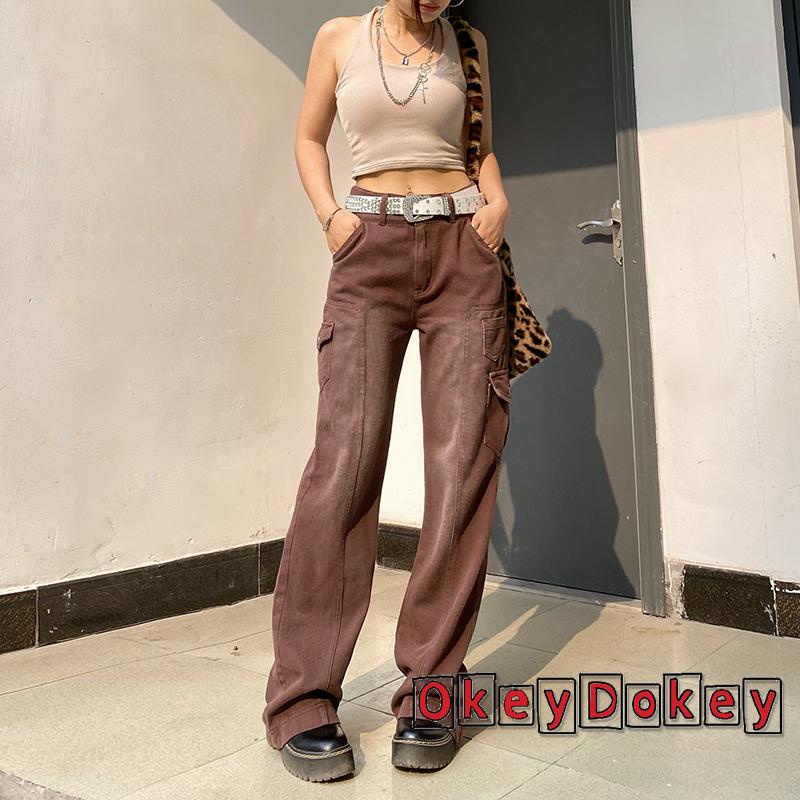 Quần jean nữ ống rộng lưng cao màu xanh trơn có túi