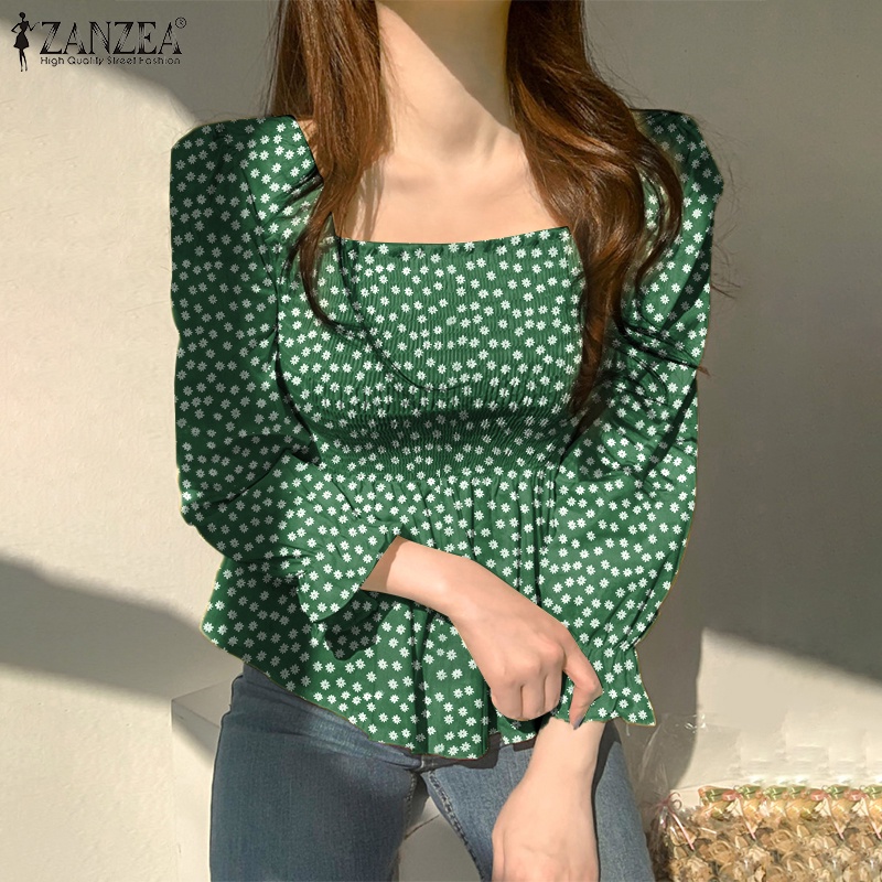 ZANZEA Áo Kiểu Tay Dài Cổ Vuông In Họa Tiết Phong Cách Hàn Quốc Thời Trang Cho Nữ