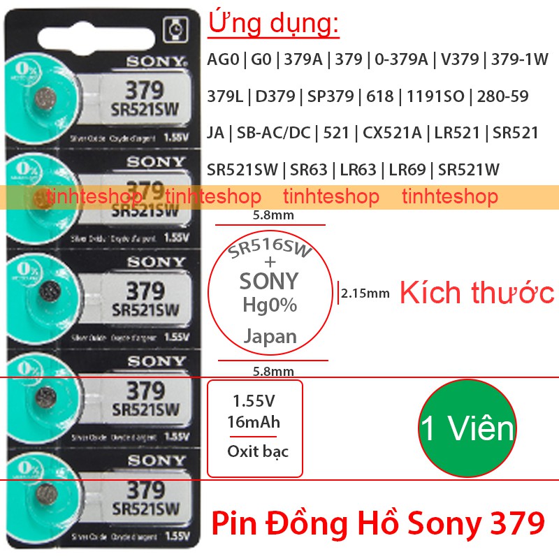 Pin đồng hồ AG0 379 379A V379 379L SP379 1191SO 521 LR521 SR521 SR521SW SR63 LR63 LR69 SR521W Sony 1.55V-16mAh (1 viên)