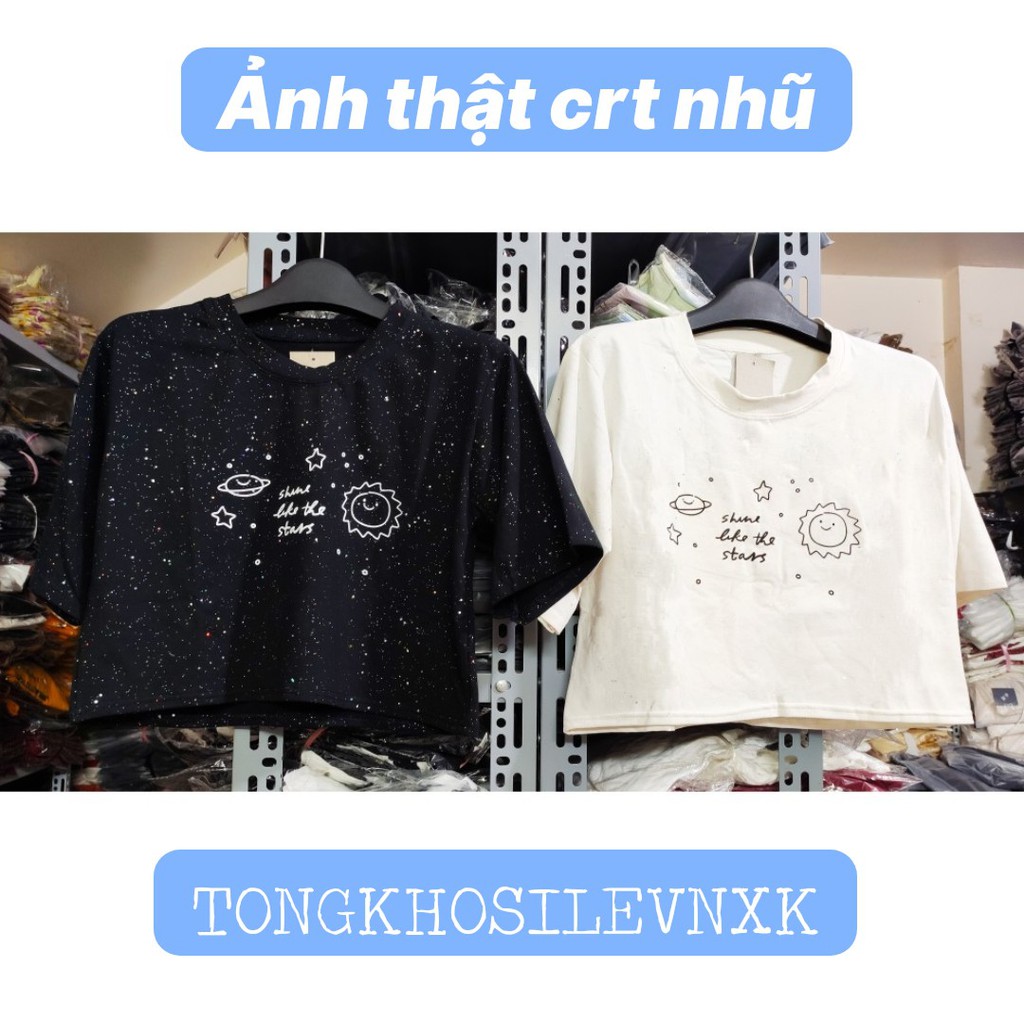 ÁO THUN NHŨ SPACE HOT - CROPTOP KIM SA STARS ĐEN TRẮNG BLING BLING