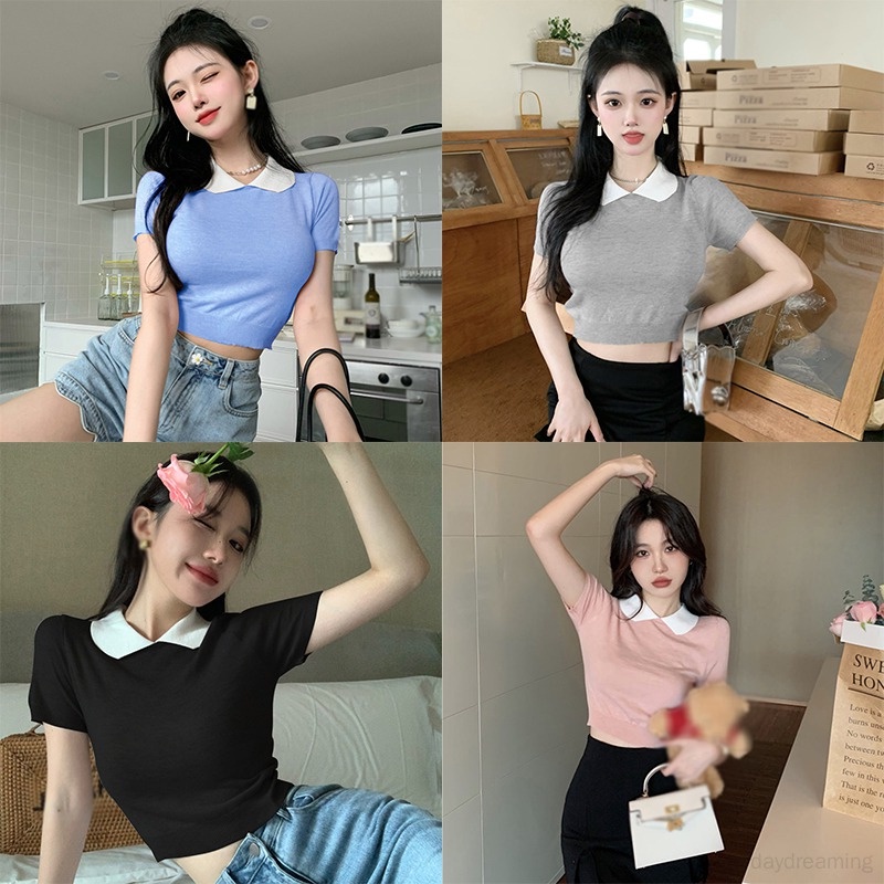 Áo Croptop Dệt Kim Tay Ngắn Cổ Búp Bê Màu Sắc Tương Phản Thời Trang Cho Nữ