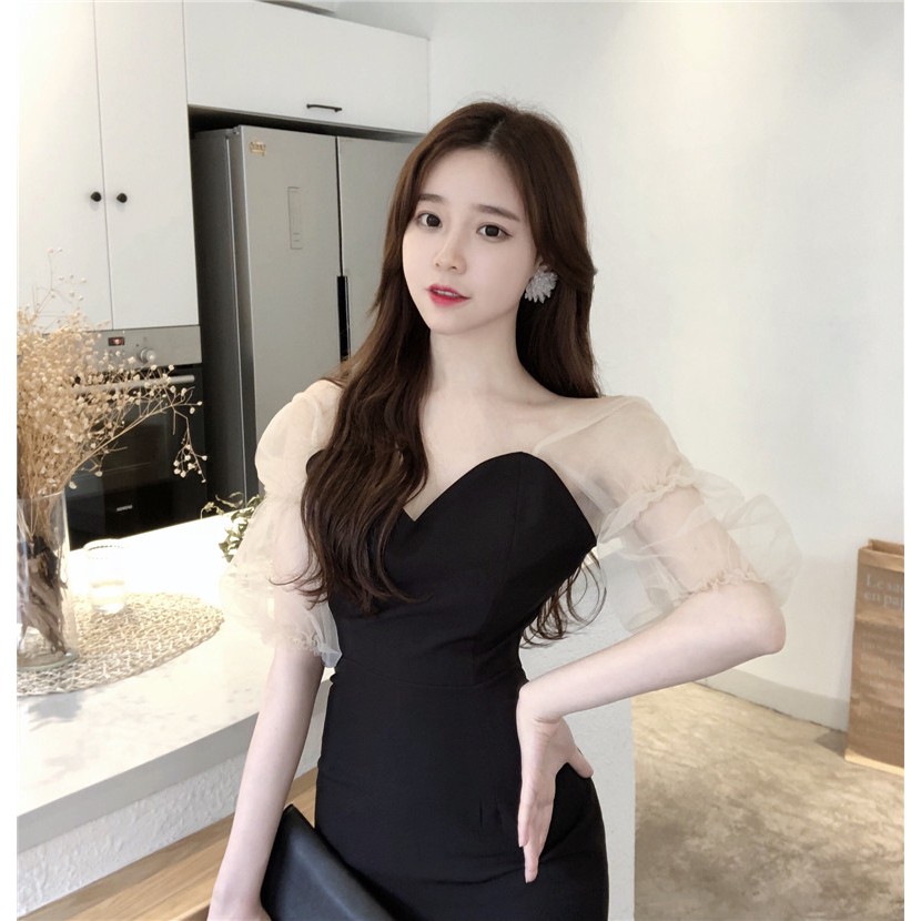 Đầm dáng ôm nữ dài midi tay lưới Emilyshop