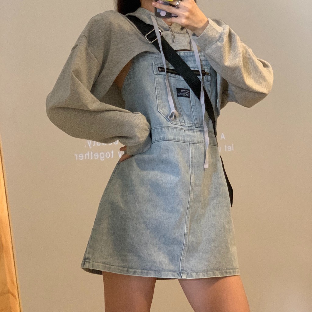 áo hoodie ngắn kiểu màu xám có mũ trùm đầu Hàn Quốc