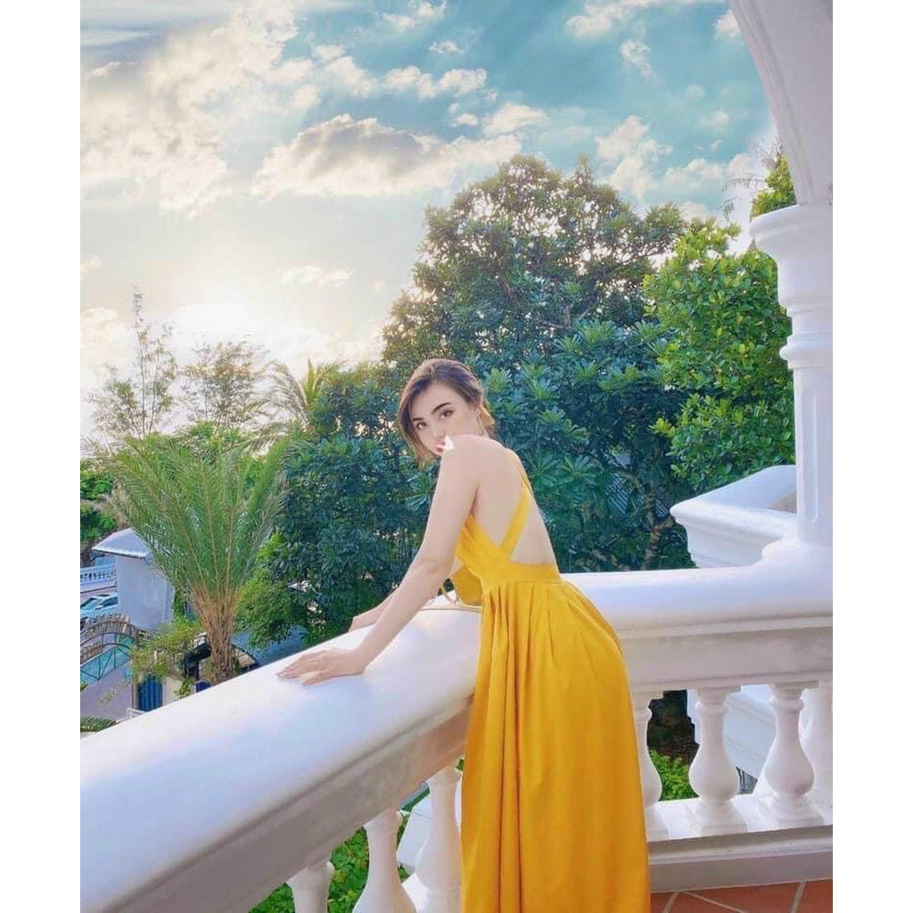 Đầm váy nữ dự tiệc maxi màu vàng 2 dây chéo lưng kèm băng đô đi biển xinh đẹp chất Lụa mềm mại