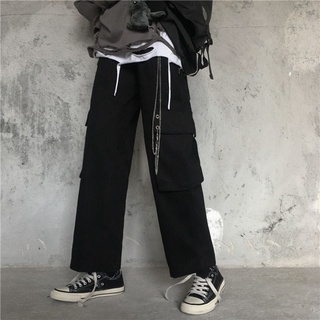 Quần kaki ống rộng ANYOUNG Unisex - Kiểu quần kaki đen kèm xích