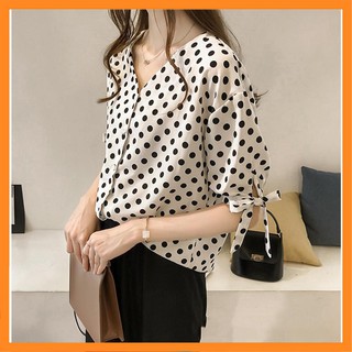 Sơ mi nữ chấm bi cổ V thắt nơ tay  [TTBK]
