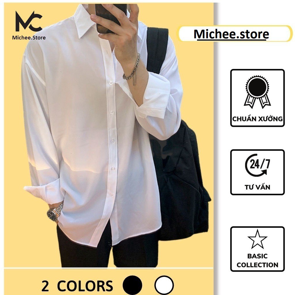 Áo sơ mi nam nữ dài tay Unisex Basic màu trắng và đen sơ mi lụa học sinh mịn mát form rộng suông-MC01