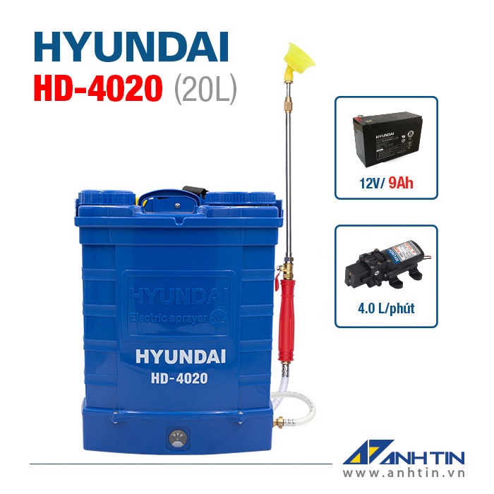 Bình xịt điện HYUNDAI HD-4020 | Dung tích 20L | Ắc quy 9AH | Bơm đôi HD-4080 | Áp lực phun 80PSI | Bảo hành 8 tháng