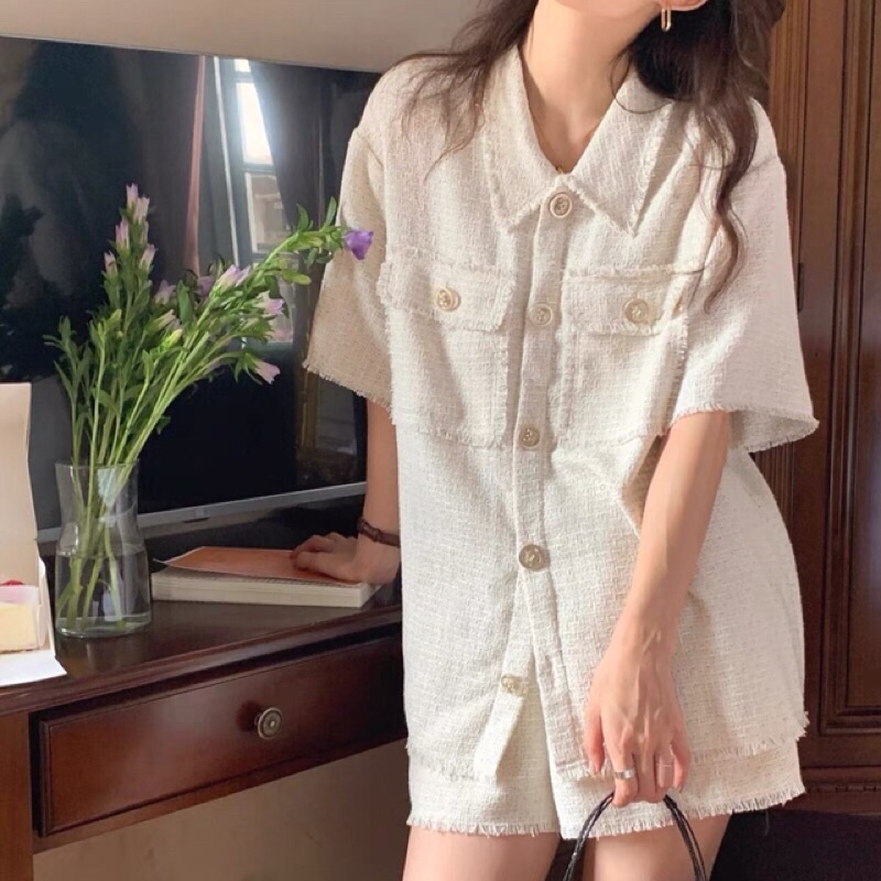 [Chuẩn tag QC]Set áo sơmi tua rua túi trước kèm quần short ngắn năng động ulzzang NA NA STORE