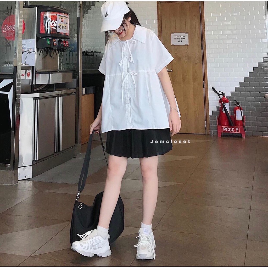 Áo Babydoll Nữ Buộc Dây Trắng Đen 🦋 Áo Sơ Mi Nữ Cộc Tay Cổ Bẻ 2 Màu 🦋