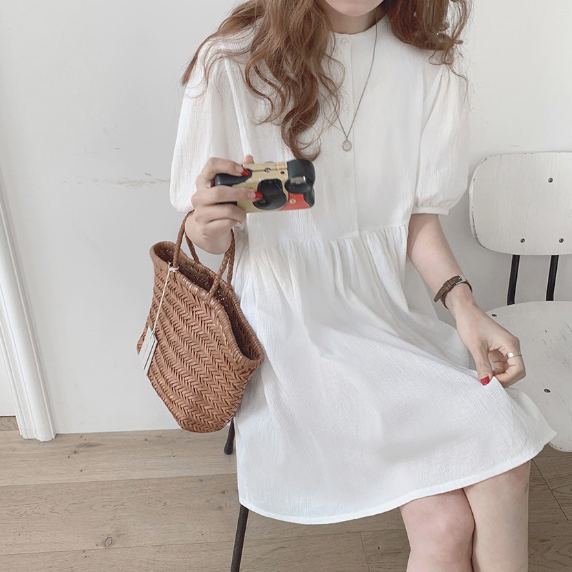 Đầm tay phồng cổ tròn màu trơn xinh xắn cho nữ 34980