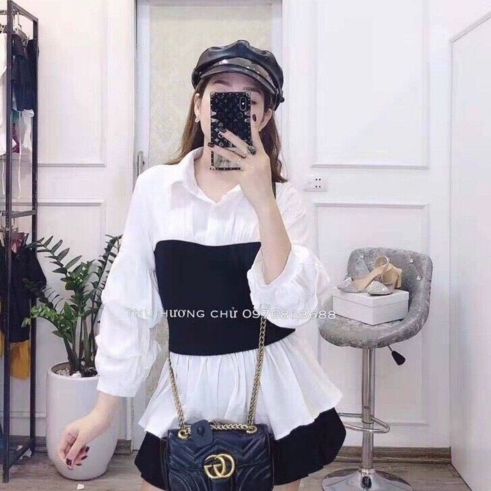 Áo sơ mi kiểu nữ tay dài phối đen đẹp form rộng cao cấp phong cách công sở, sang trọng KimDesign QATE A004